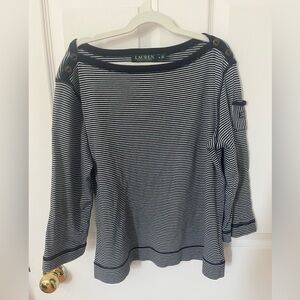 Ralph Lauren 3/4 Sleeve Striped Cotton Sweater with Button Detail on Shoulders